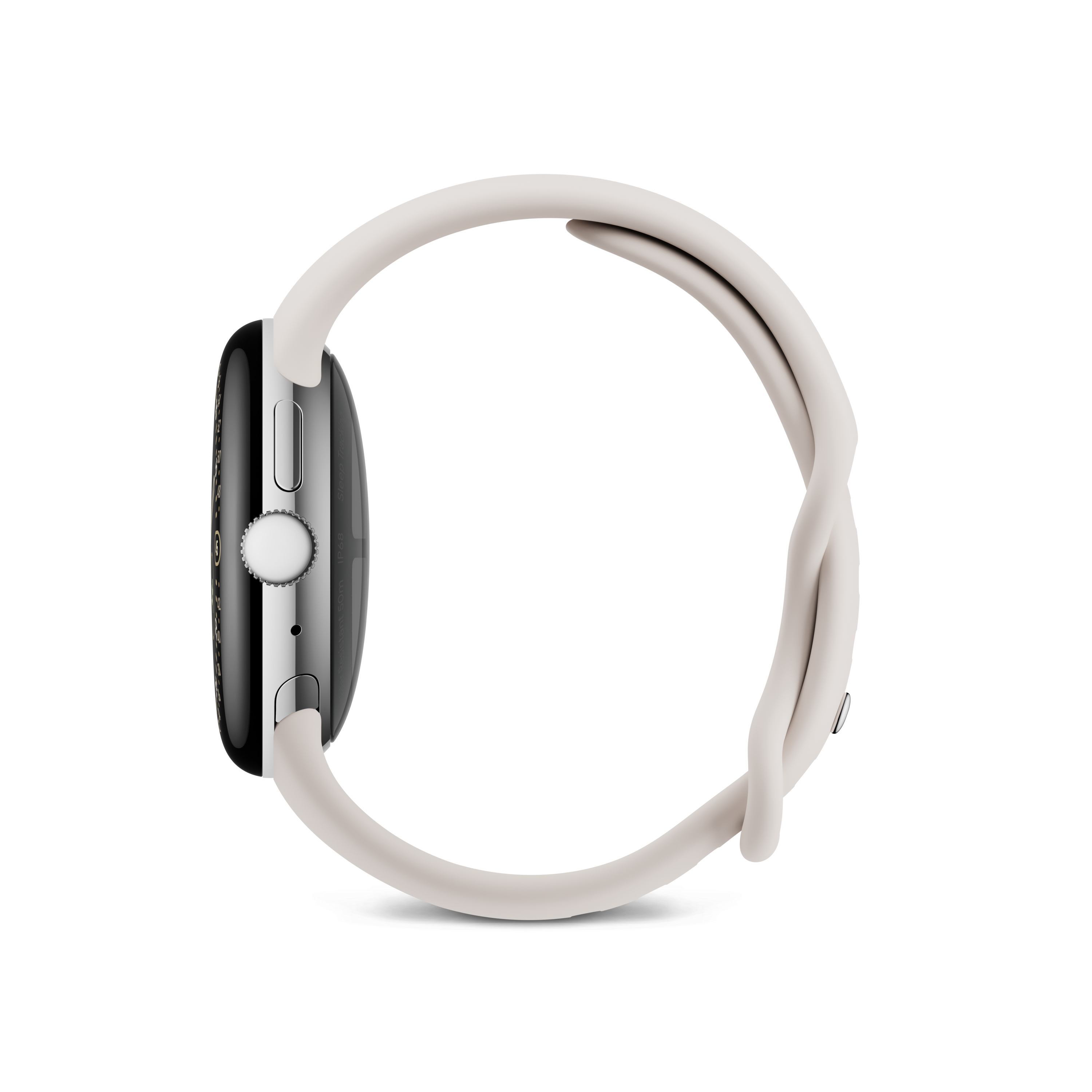 Seitenansicht einer silbernen Smartwatch mit hellgrauem Armband, das sich umbiegt. Das Zifferblatt ist schwarz mit silbernen Akzenten.