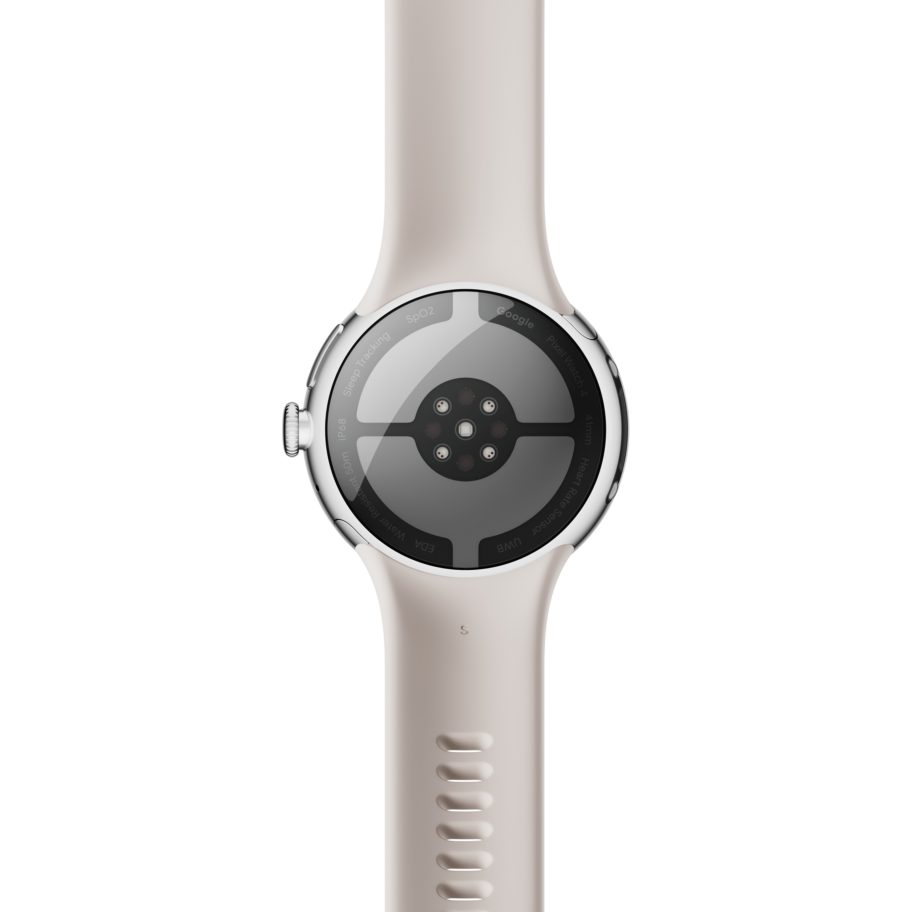 Rückansicht einer hellbeige Smartwatch. Details umfassen Sensoren, das Google-Logo und das Armband.
