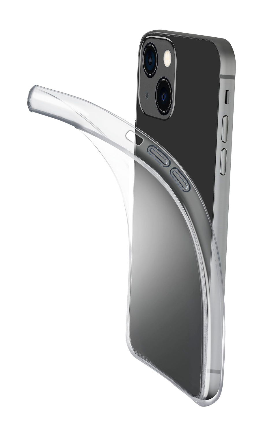 Un iPhone con una funda transparente sobre un fondo blanco. El teléfono es negro con bordes plateados.