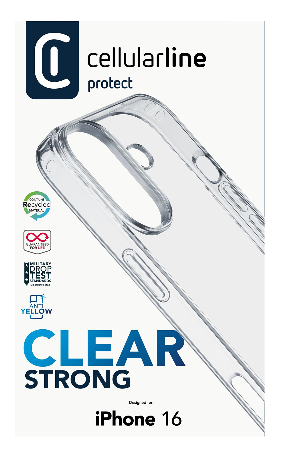 Funda transparente para teléfono, cellularline protect, para iPhone 16. Características: material reciclado, garantía de por vida, estándares de prueba de caída, anti-amarillo.