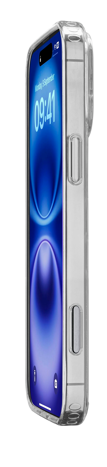 Una funda transparente para teléfono envuelve un smartphone. La pantalla muestra la fecha y hora. La funda tiene cubiertas de botones.