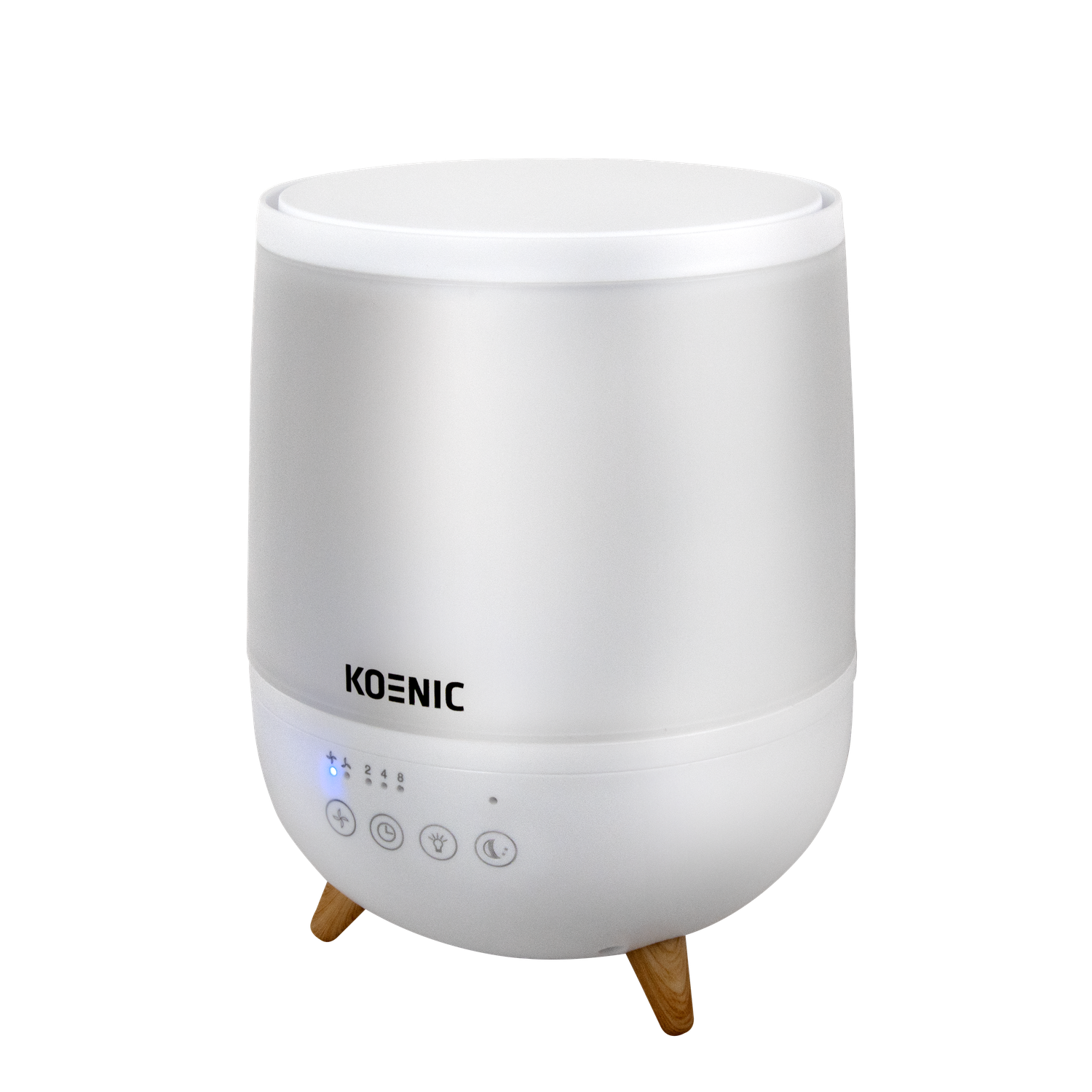 White Koenic aroma diffuser with wooden legs. Has buttons for power, light, and timer settings. The top is frosted.
