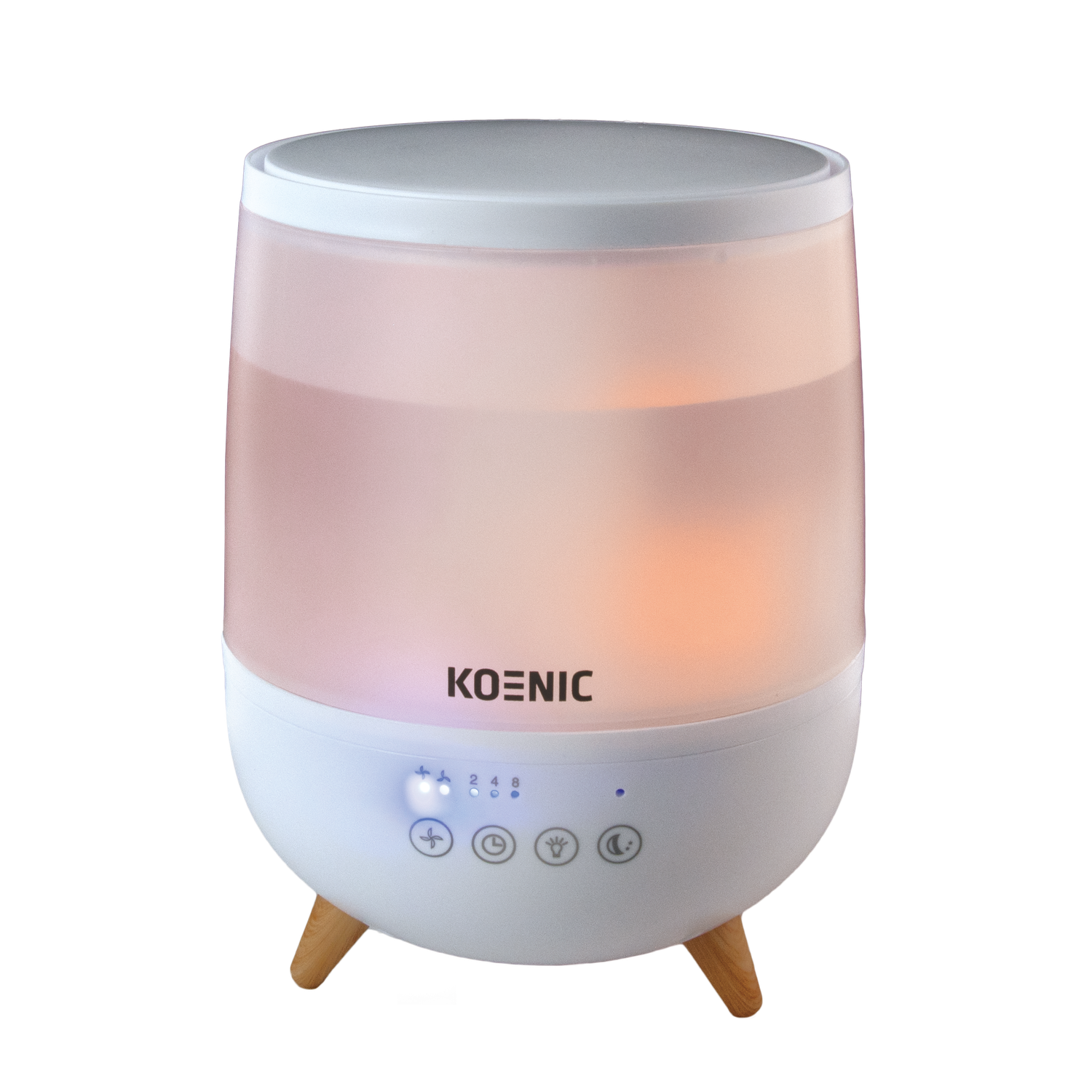 White and pink Koenic air humidifier with wooden legs. The humidifier has control buttons and an illuminated water tank.