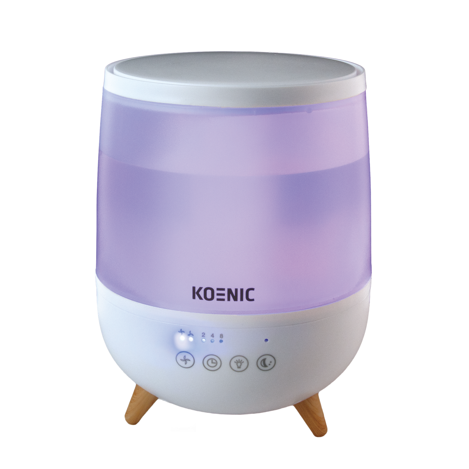 A white and purple Koenic humidifier. It has wooden legs and control buttons. Water is visible inside. The background is black.