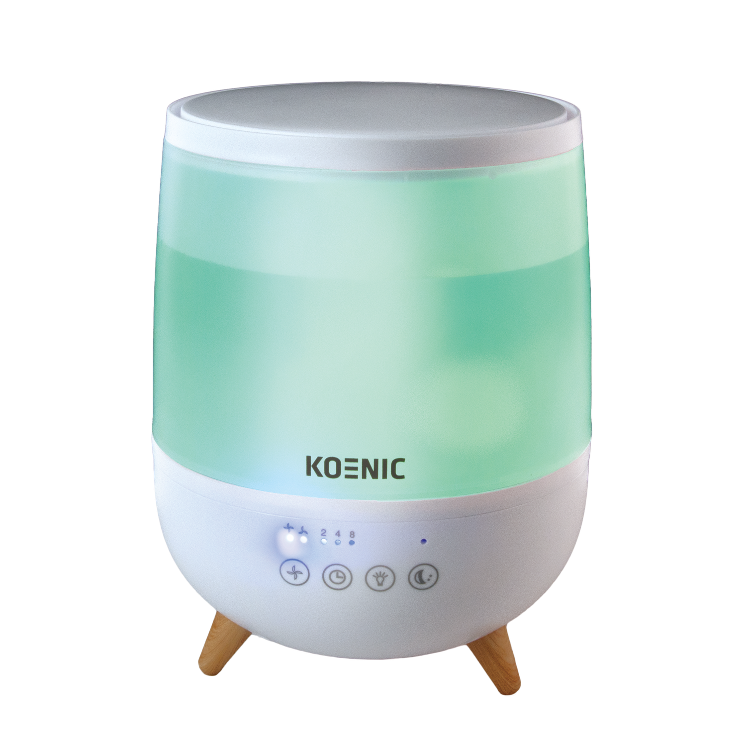A white and mint green Koenic humidifier. It has a light-up display with control buttons and wooden legs. The background is black.