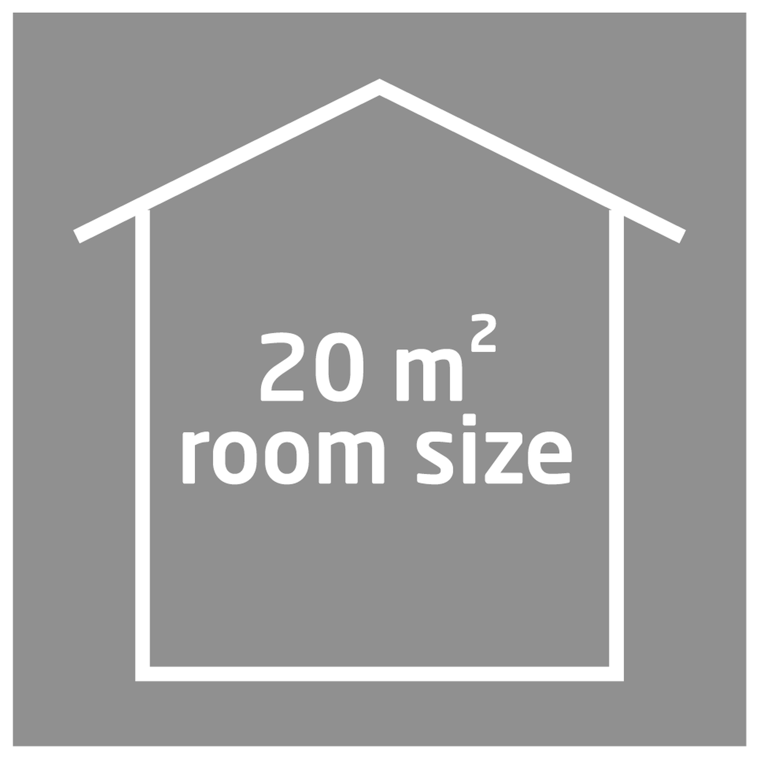 A house-shaped icon with text '20 m² room size' inside. The background is gray, the house outline and text are white.