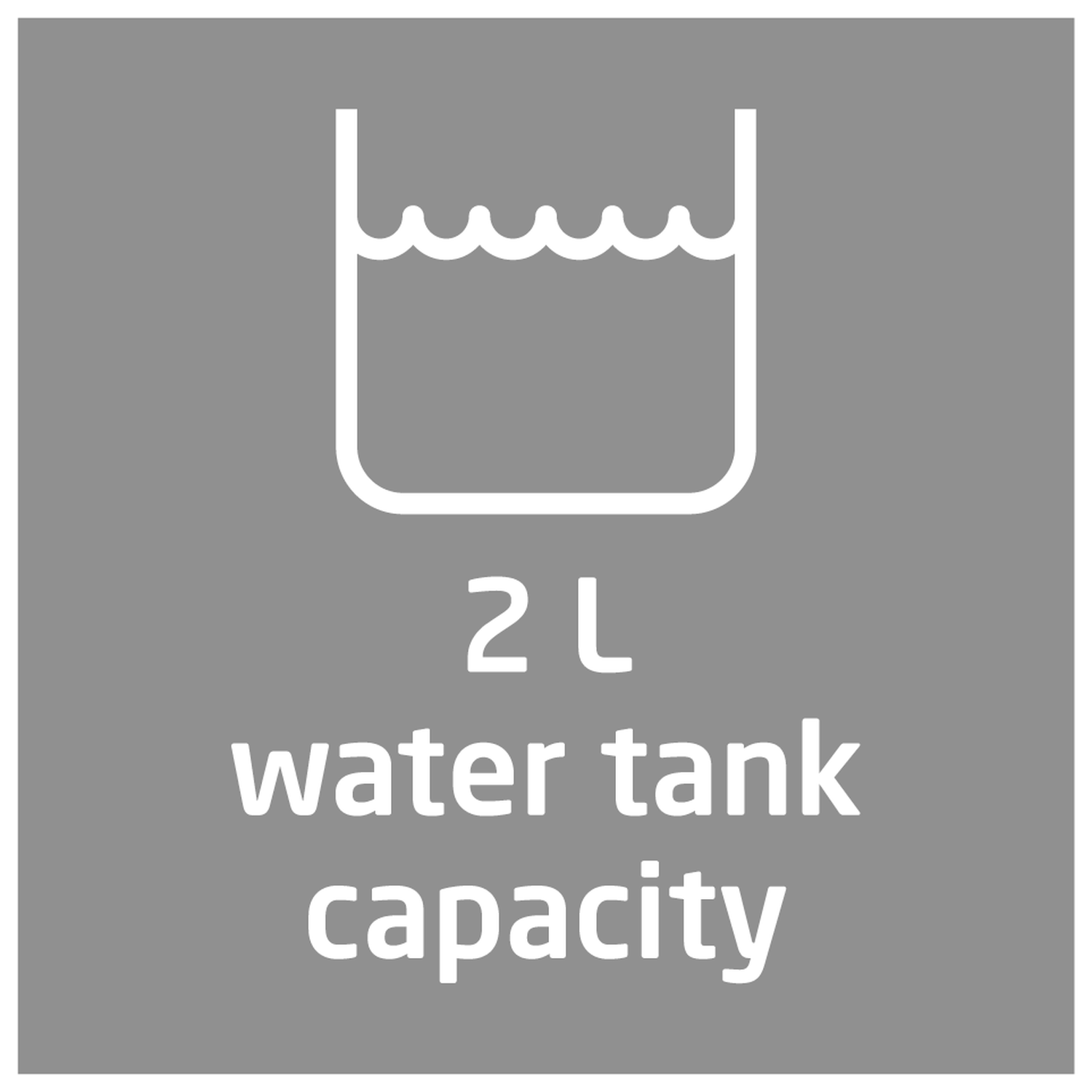 A white icon of a water tank with 2L water tank capacity text on a gray background.