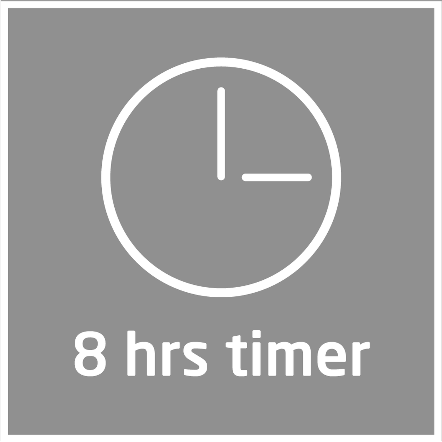 A gray square with a white clock showing 3 o'clock, and the text '8 hrs timer' below the clock.
