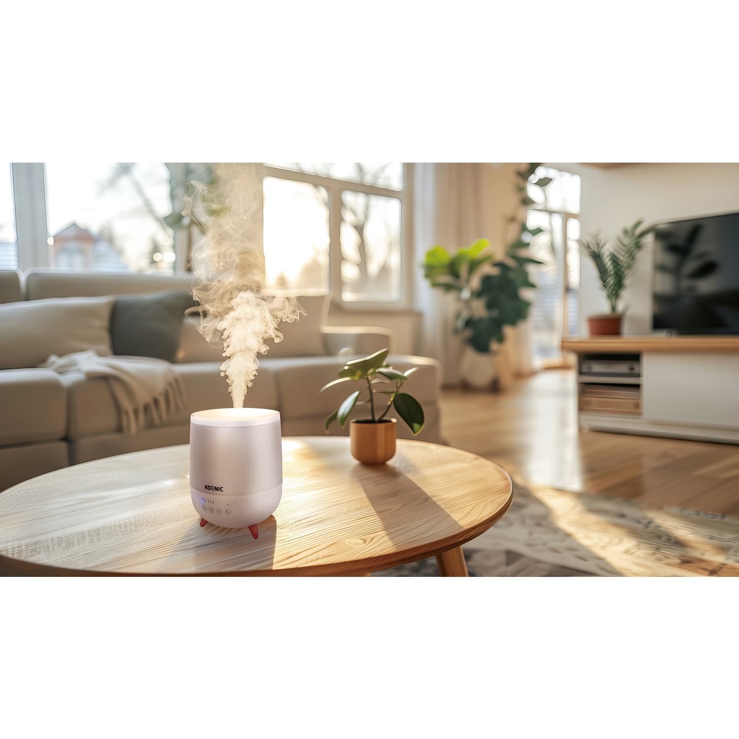 A white diffuser emits steam on a wooden table. A plant sits nearby. A couch and TV are in the background. Sunlight streams in.