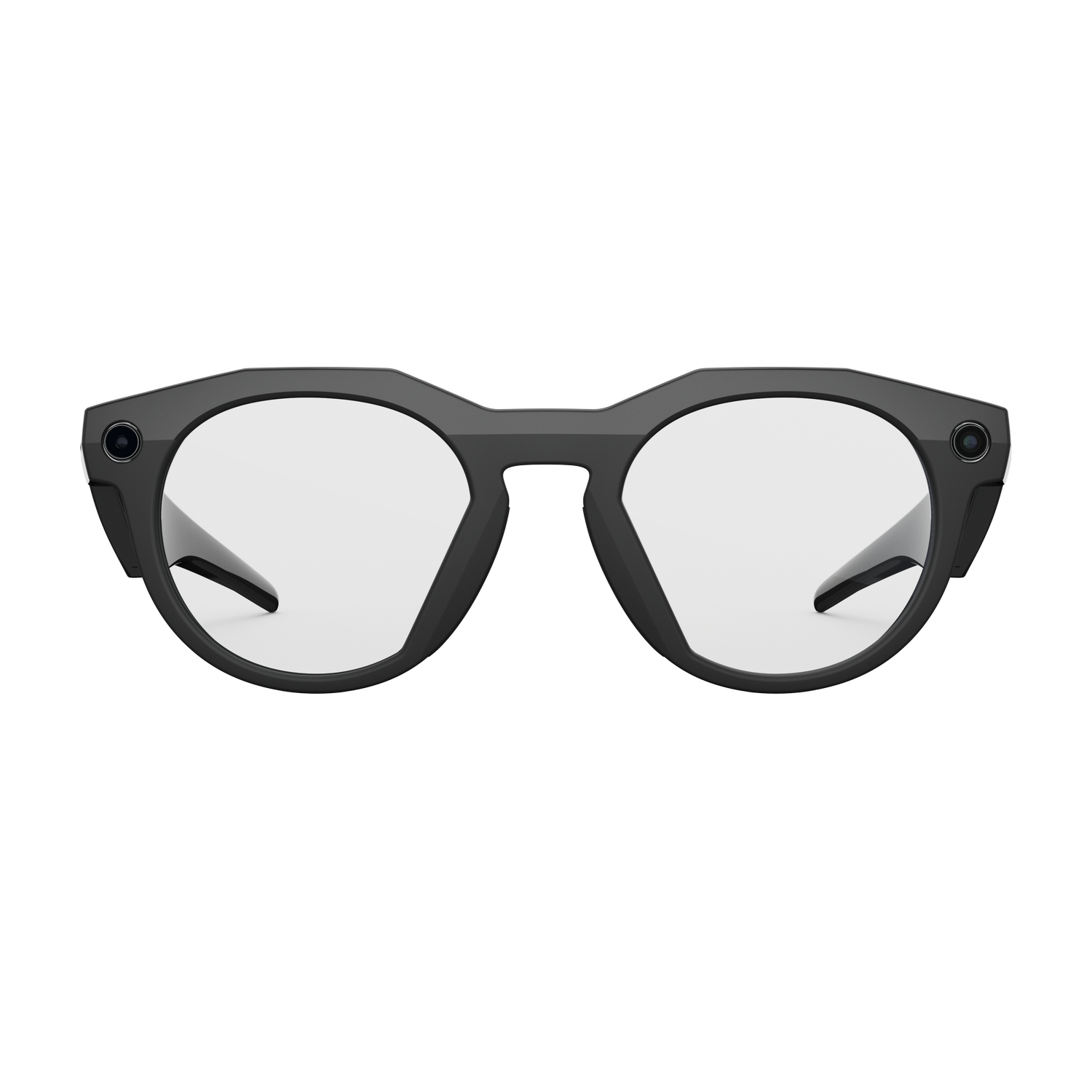 Gafas inteligentes negras con lentes redondas, cámaras en las patillas y fondo gris. Las gafas tienen un diseño moderno y elegante.
