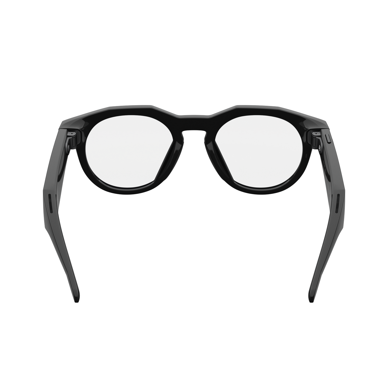 Gafas con montura negra y lentes redondas, sobre un fondo gris. Las gafas están centradas, mostrando su diseño y estilo.