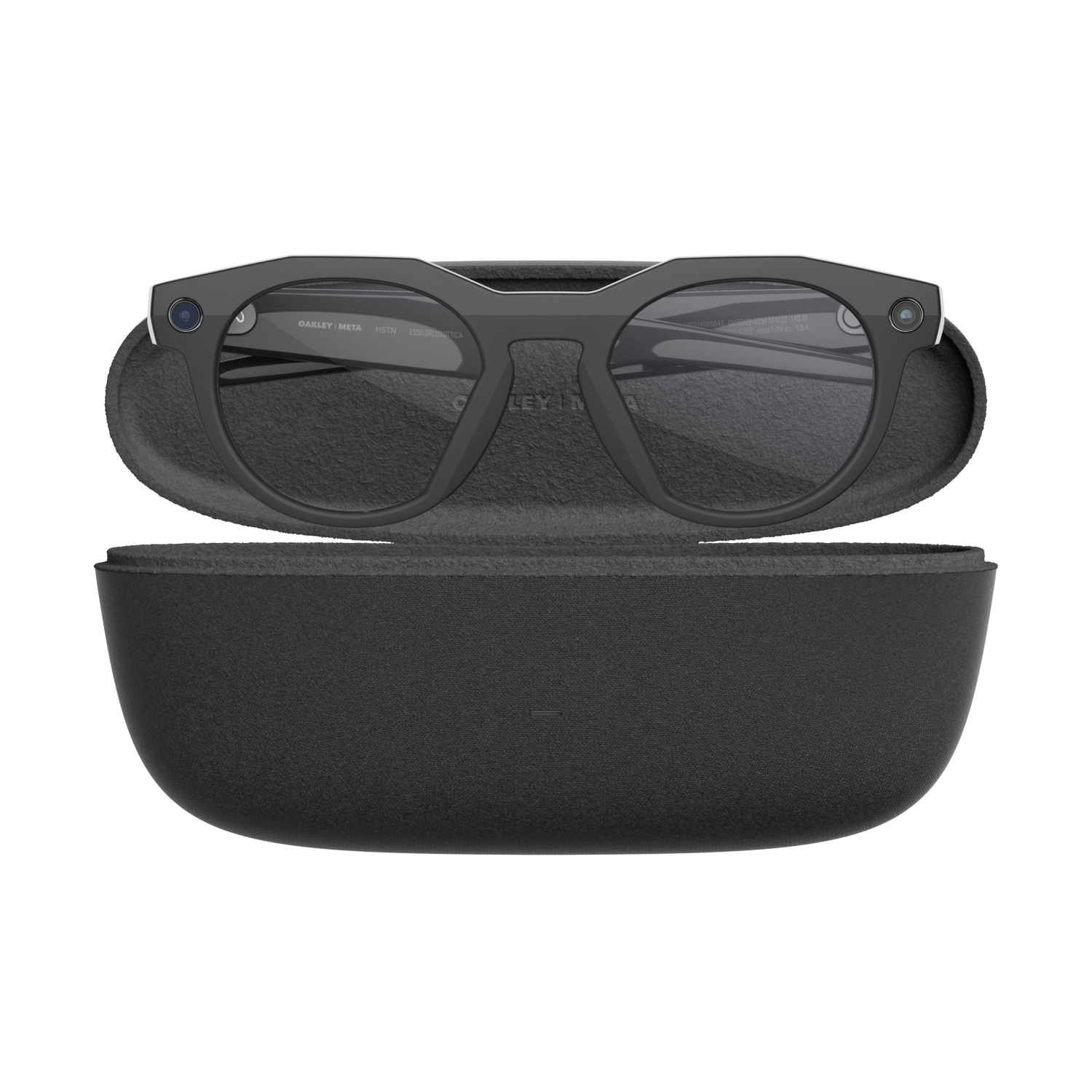 Gafas inteligentes Oakley Meta negras en un estuche abierto. El estuche y las gafas sobre fondo gris. Las gafas tienen cámaras.