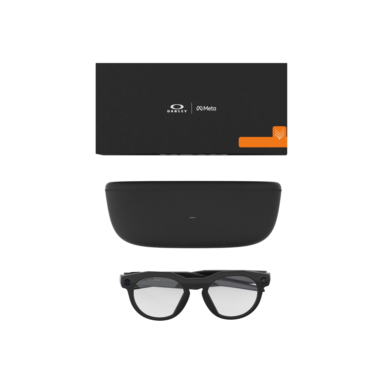 Una caja y un estuche abiertos para gafas, junto con un par de gafas negras con lentes transparentes. La caja tiene los logotipos de Oakley y Meta.