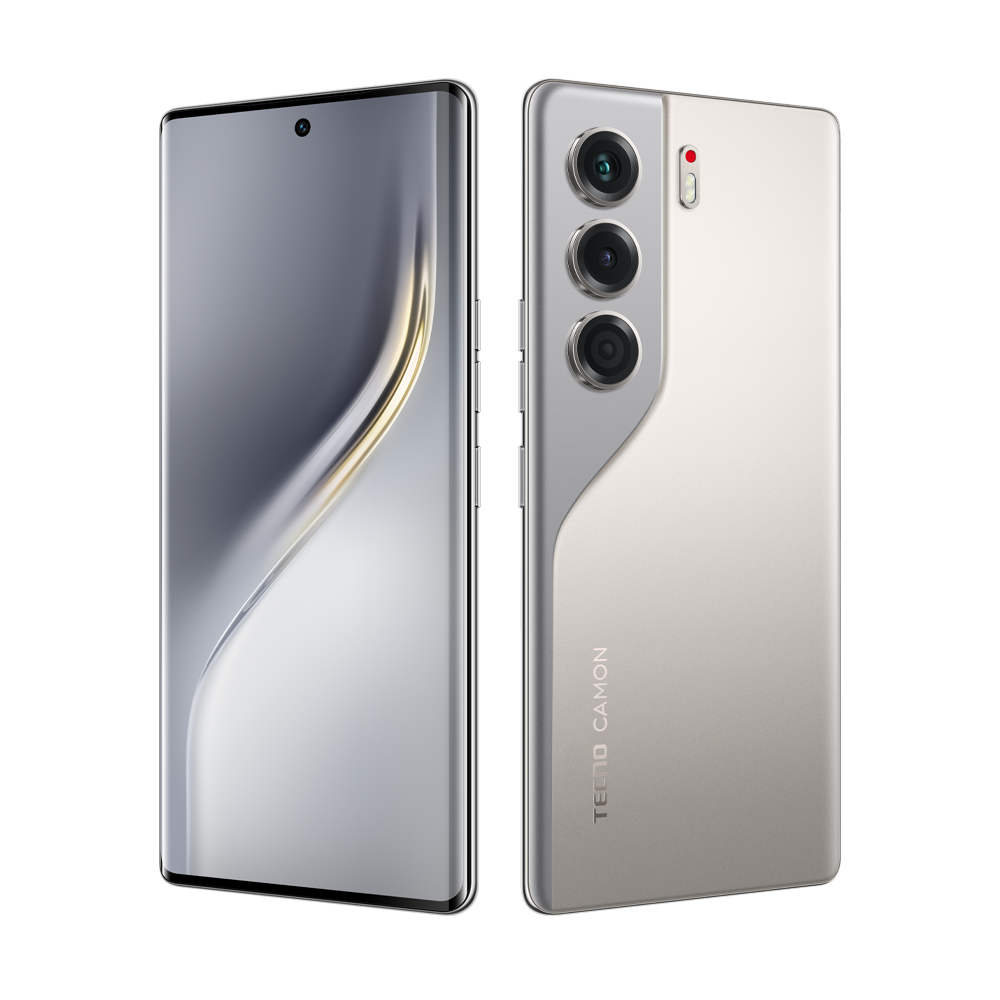 Arkada üç kamerası ve önde ekranı olan gümüş renkli bir akıllı telefon. TECNO CAMON marka adı görünür.