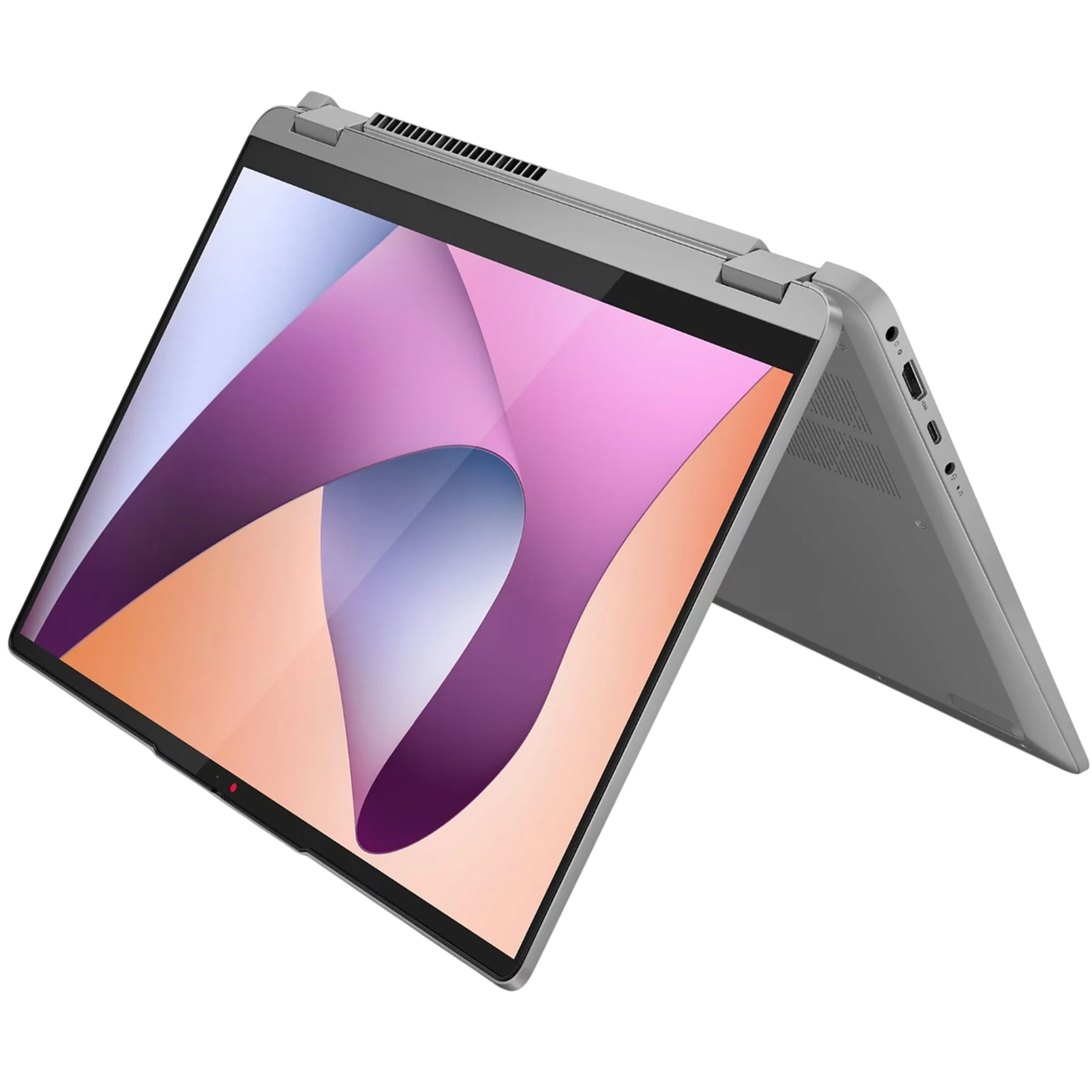 Een zilveren laptop is open en toont een kleurrijk scherm. De achtergrond is zwart. De laptop is gedeeltelijk open.