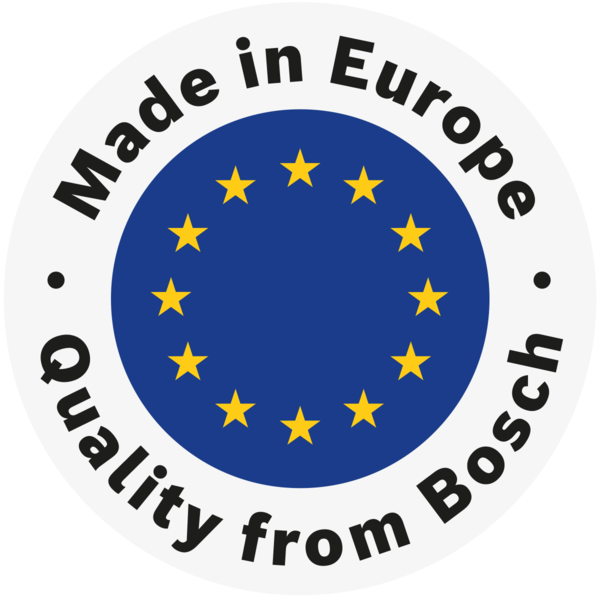 'Made in Europe' ve 'Quality from Bosch' yazılı dairesel amblem. Sarı yıldızlı mavi daire, AB bayrağı.
