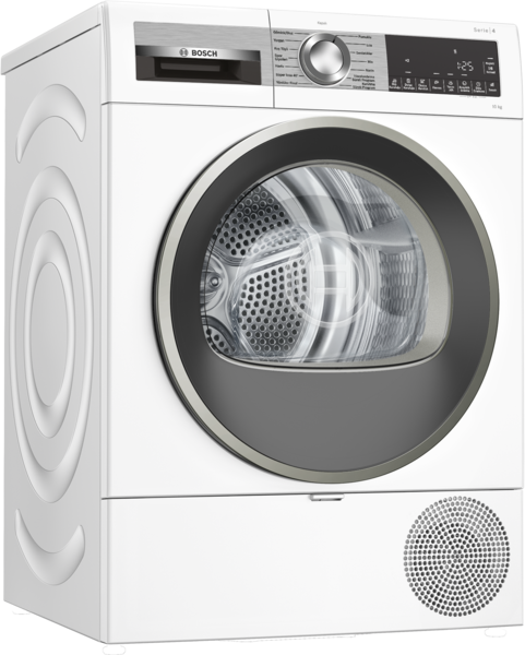 Beyaz bir Bosch Serie 4 kurutma makinesi. Büyük, koyu gri bir kapısı ve gümüş bir çerçevesi var. Düğmeler ve bir ekran ile kontrol paneli.