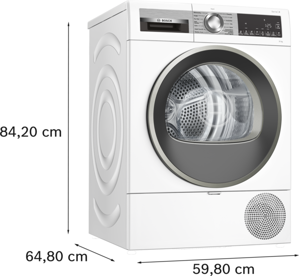 Beyaz bir Bosch Series 4 kurutma makinesi. Koyu gri bir kapısı, kontrol paneli ve yuvarlak bir havalandırması var. Marka logosu üstte.
