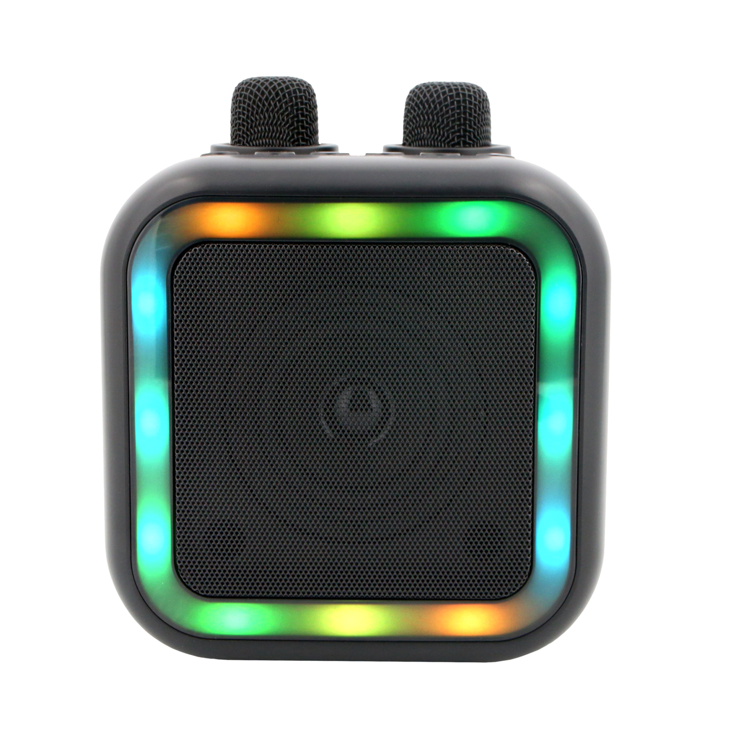 Zwarte karaoke machine met twee microfoons. Het heeft een vierkante luidspreker met kleurrijke LED-verlichting rondom de randen.