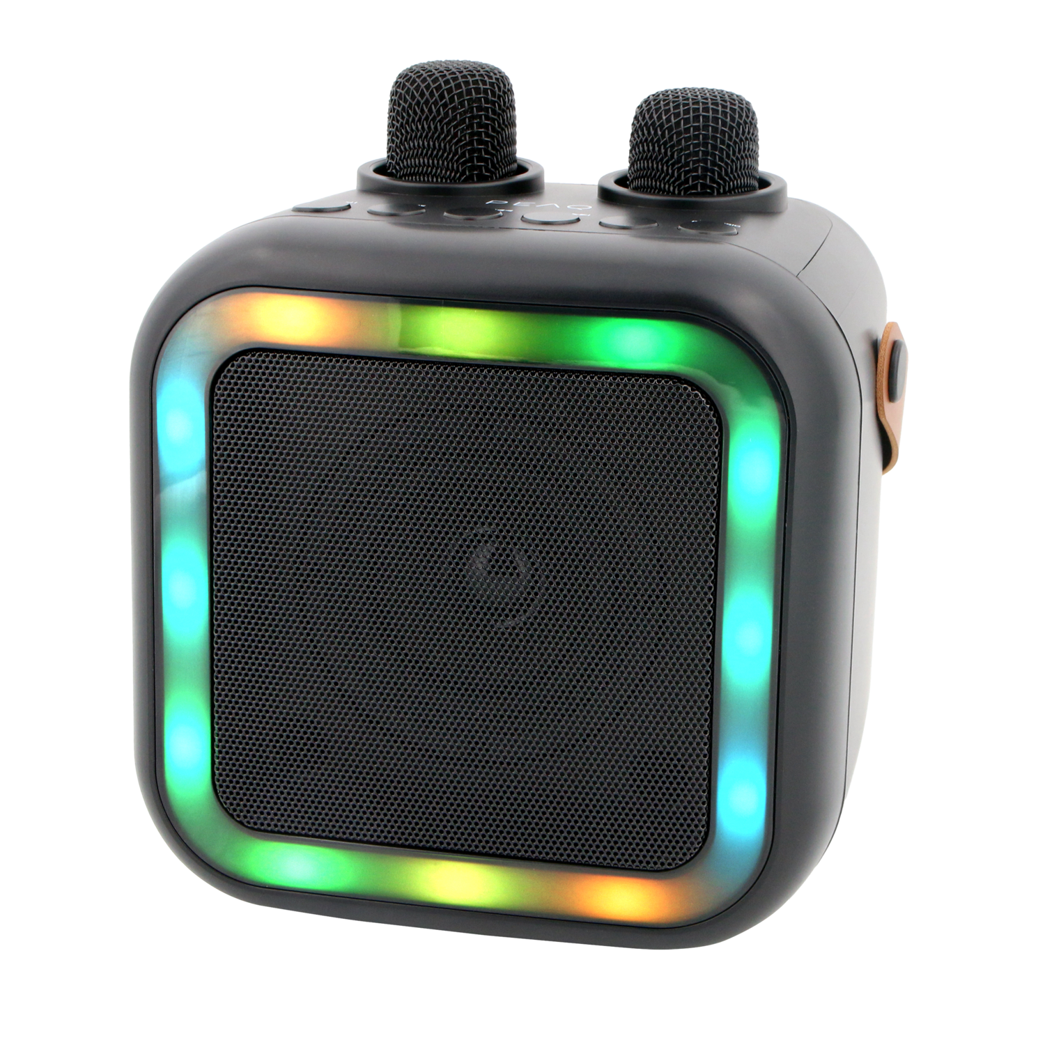 Een zwarte karaoke-machine met twee microfoons bovenop en een kleurrijk lichtframe rond de luidspreker.