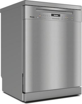 Paslanmaz çelik Miele bulaşık makinesi. Üst kısımda düğmeleri ve bir ekranı olan bir kontrol paneli var.