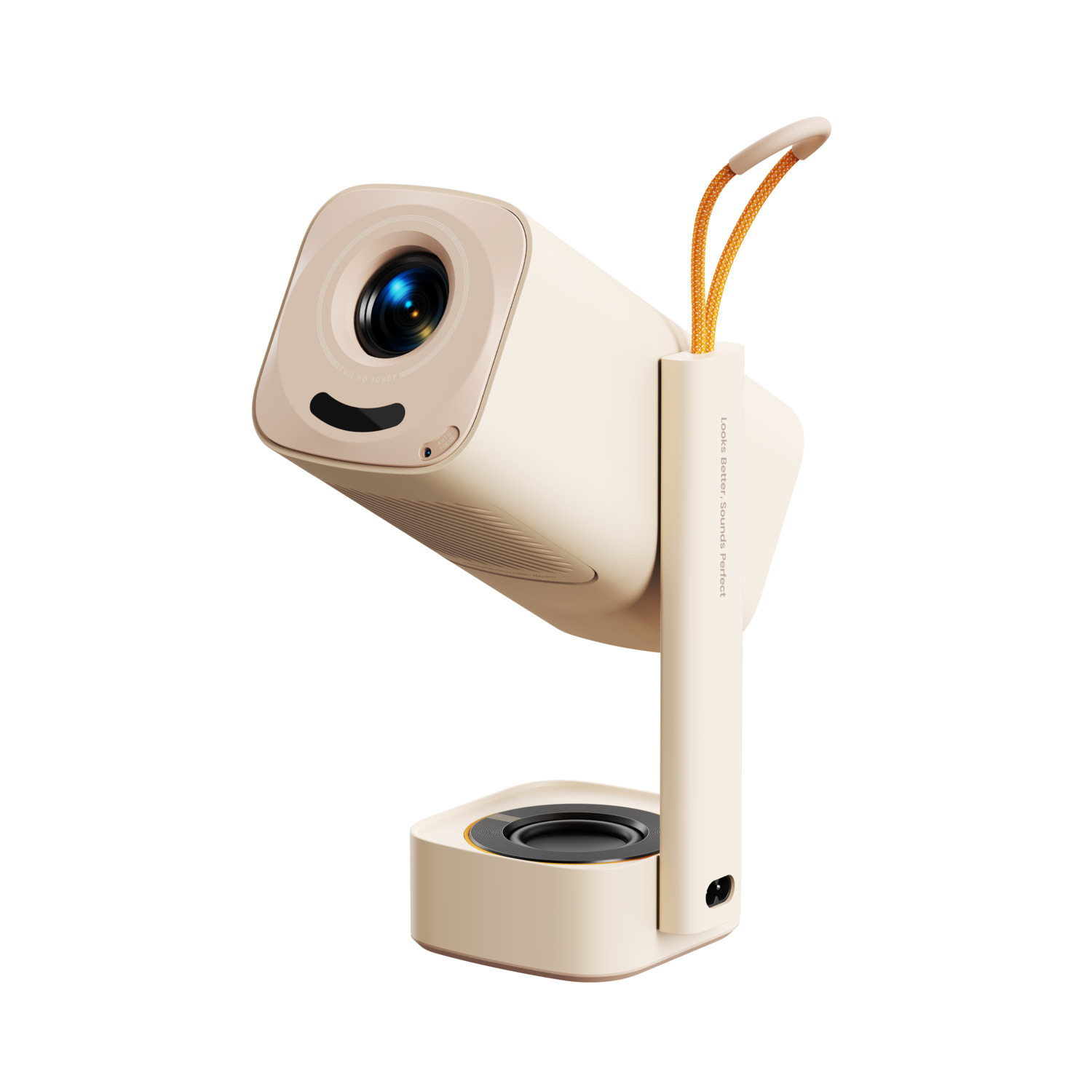 A beige projector with a black lens and a handle. It sits on a stand with a built-in speaker, and a yellow cord.