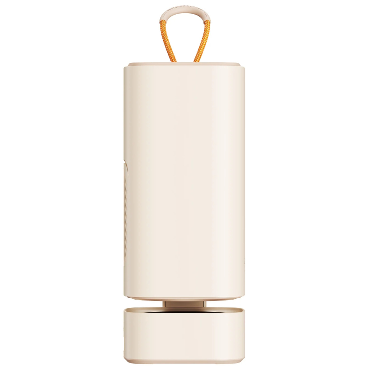A light beige cylindrical device with a handle made of orange rope. The base is a smaller, matching cylinder. White background.