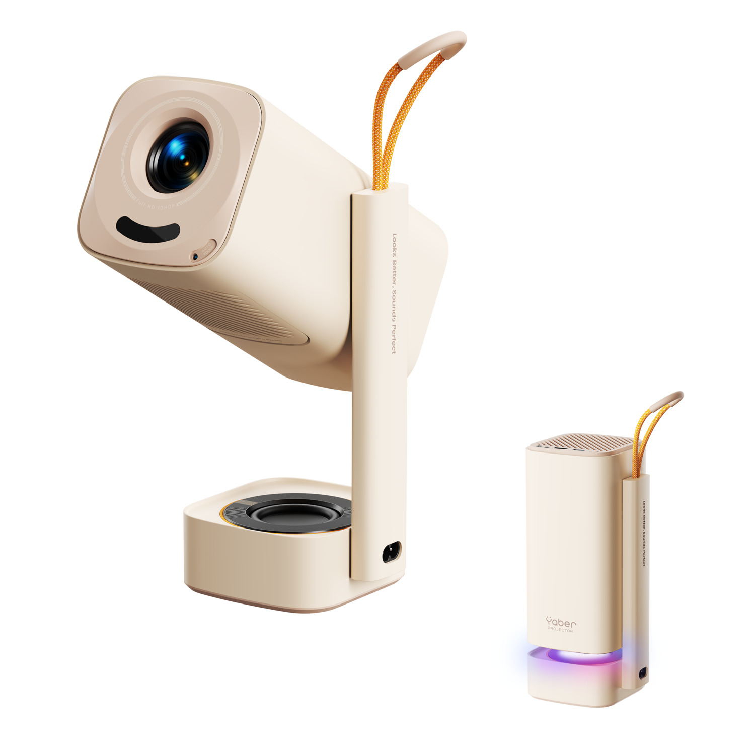 A beige projector and speaker set. The projector is angled up. The speaker is vertical with a colorful light at its base.