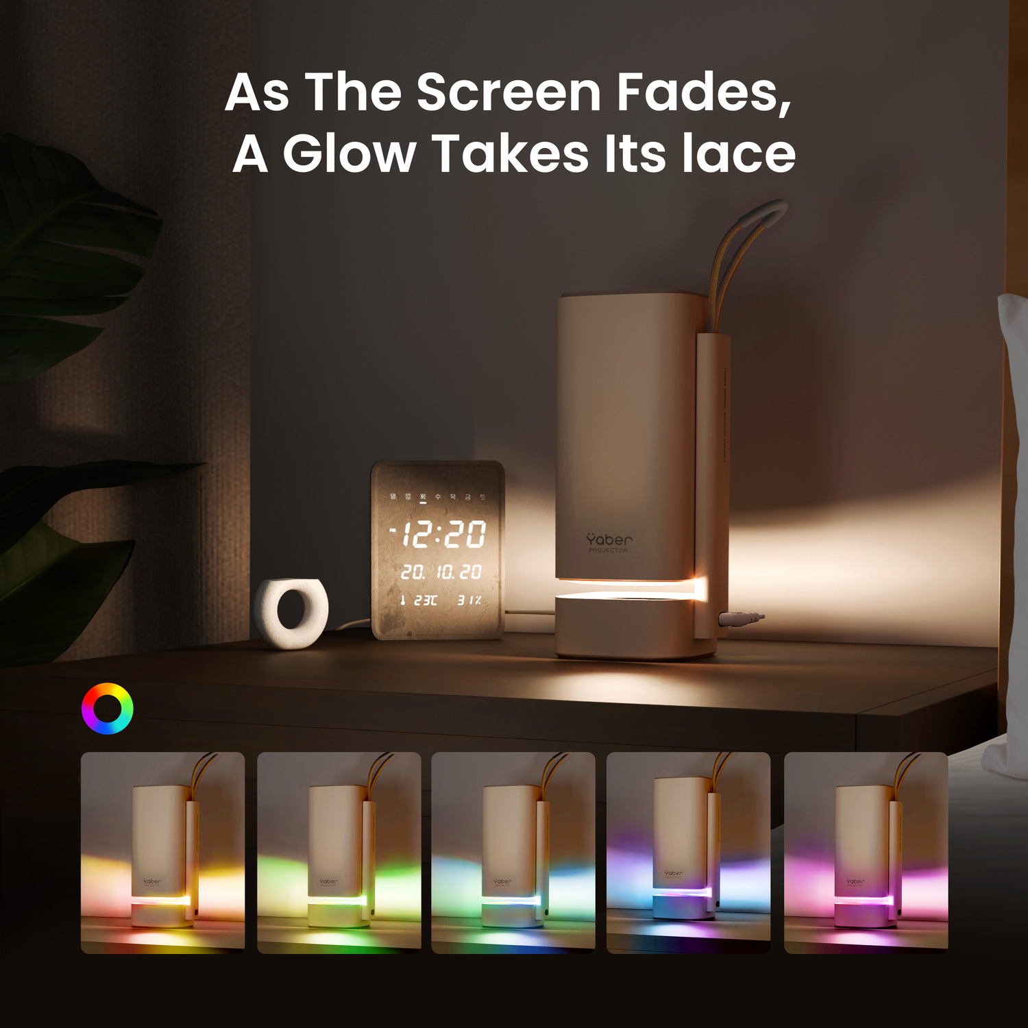 A nightstand with a glowing lamp, clock, and decorative item. The lamp's light changes colors in the lower row of images.