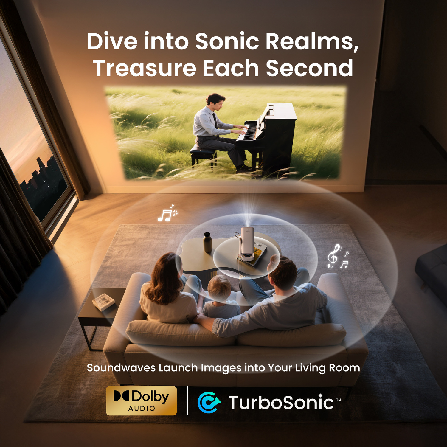 A family watches a piano performance projected onto a wall. The room has a sofa, table, and window. Dolby Audio and TurboSonic logos are shown.