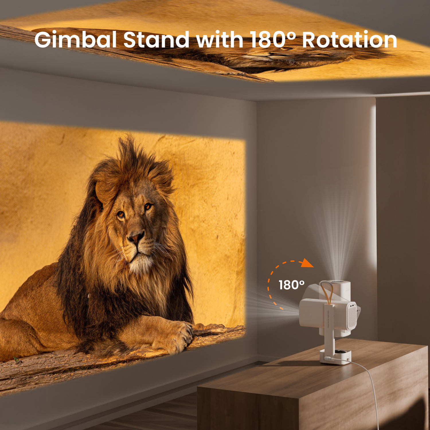 A projector displays a lion on a wall. The projector, on a wooden table, has a 180-degree rotation ability.