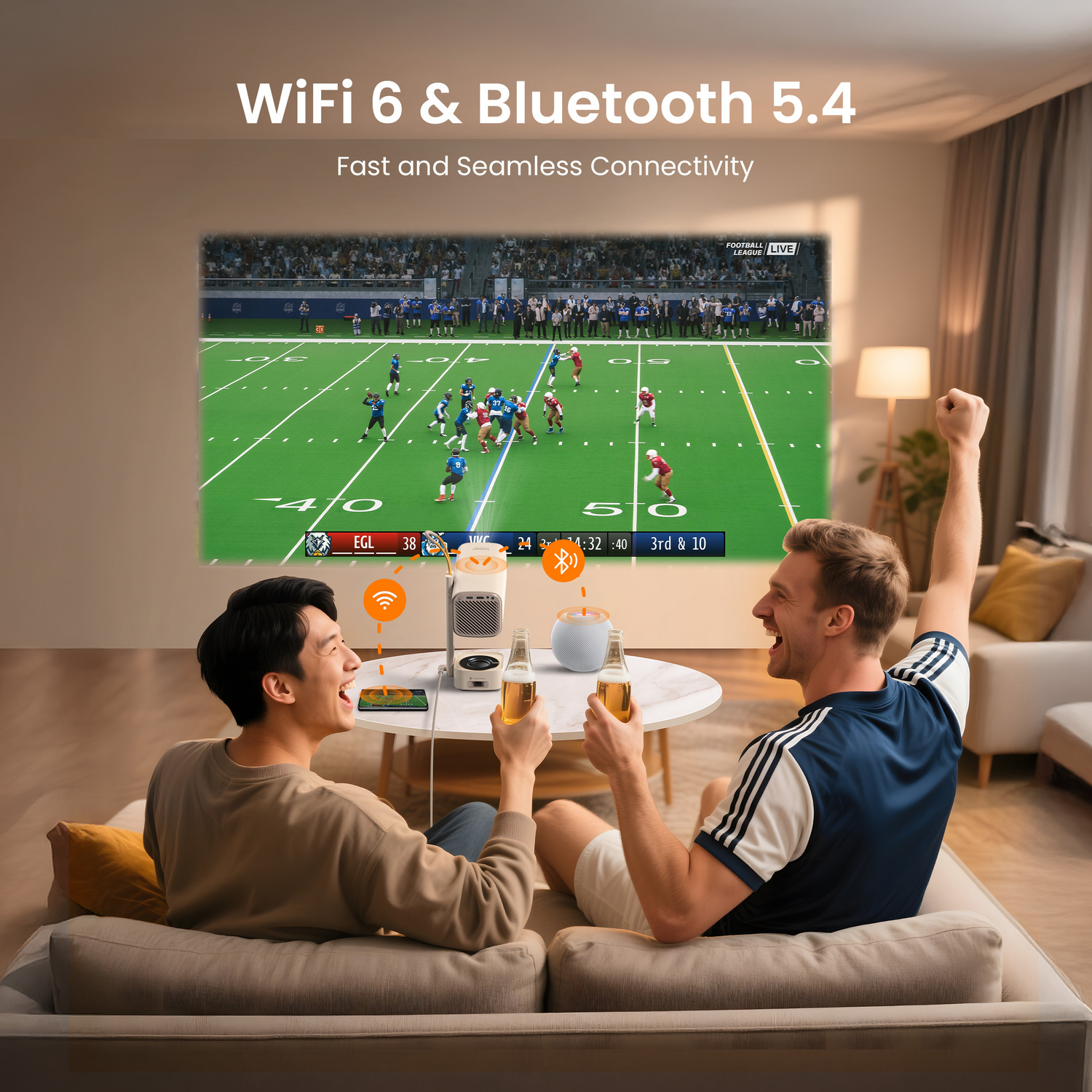 Two men watch a football game projected on the wall, drinking beer. One raises his arm in celebration, while the other smiles.