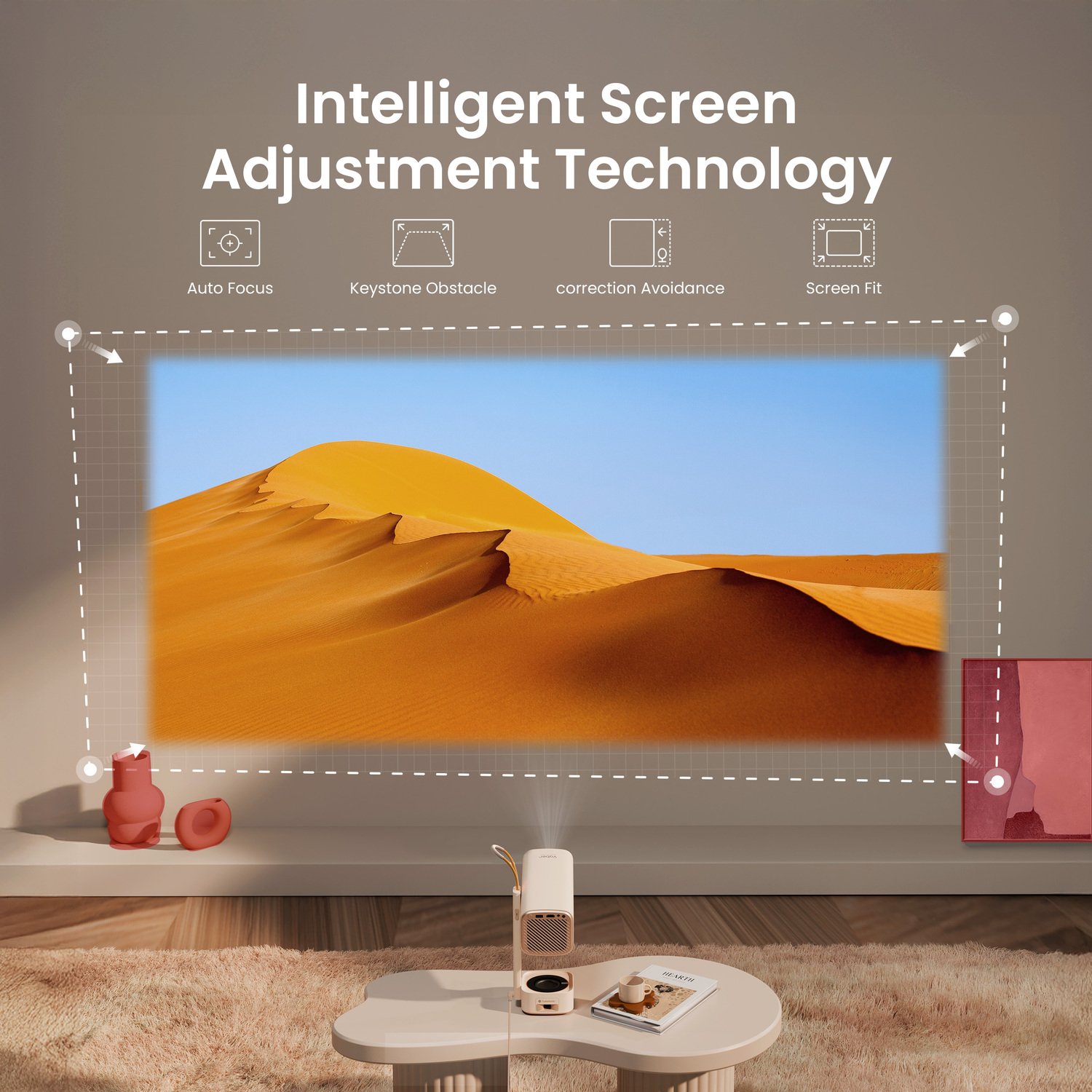 A projector displays a desert scene. Icons highlight auto focus, keystone obstacle, correction avoidance, and screen fit. A red vase is on the left.