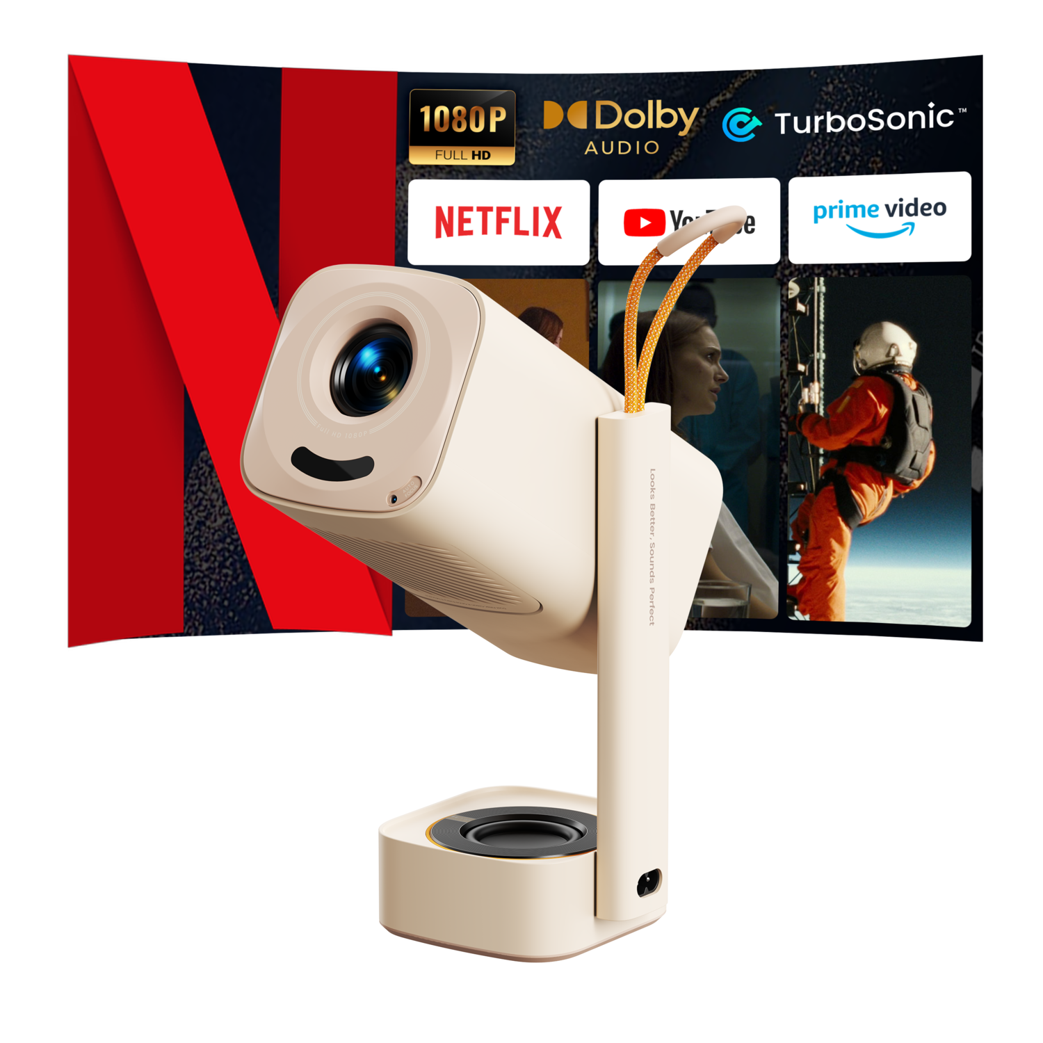 A beige projector displays streaming services. A Netflix logo is visible. Background shows a movie scene. Dolby and TurboSonic logos are present.