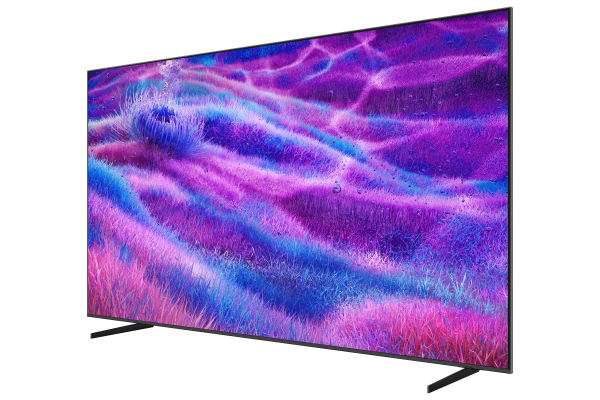 Kavisli bir TV, ekranda küçük su damlacıkları ile mor, mavi ve pembe tonlarında renkli, soyut bir manzara sergiliyor.