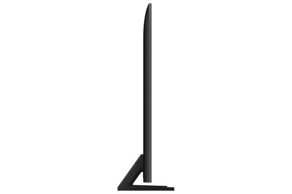 Siyah zemin üzerinde minimalist bir standa sahip ince, koyu gri bir televizyonun yan görünümü.