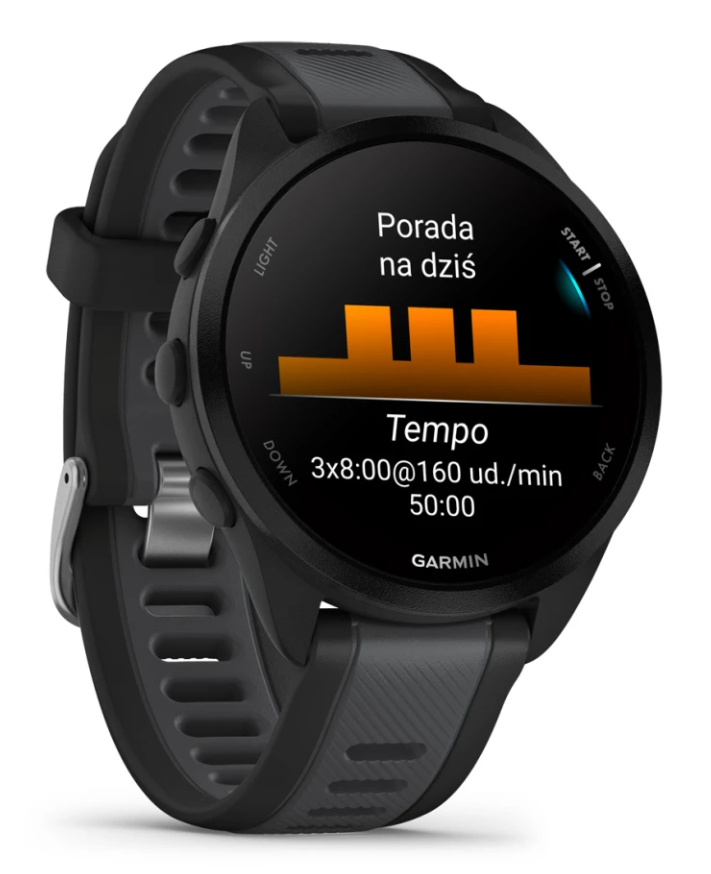 Czarny smartwatch Garmin wyświetla dane treningowe. Pokazuje 'Tempo' z 3x8:00, 160 ud./min i 50:00. Pasek jest czarny i szary.