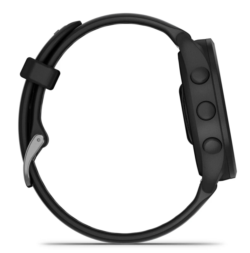 Czarny smartwatch, widok z boku. Posiada okrągłą tarczę, trzy przyciski i czarny pasek.