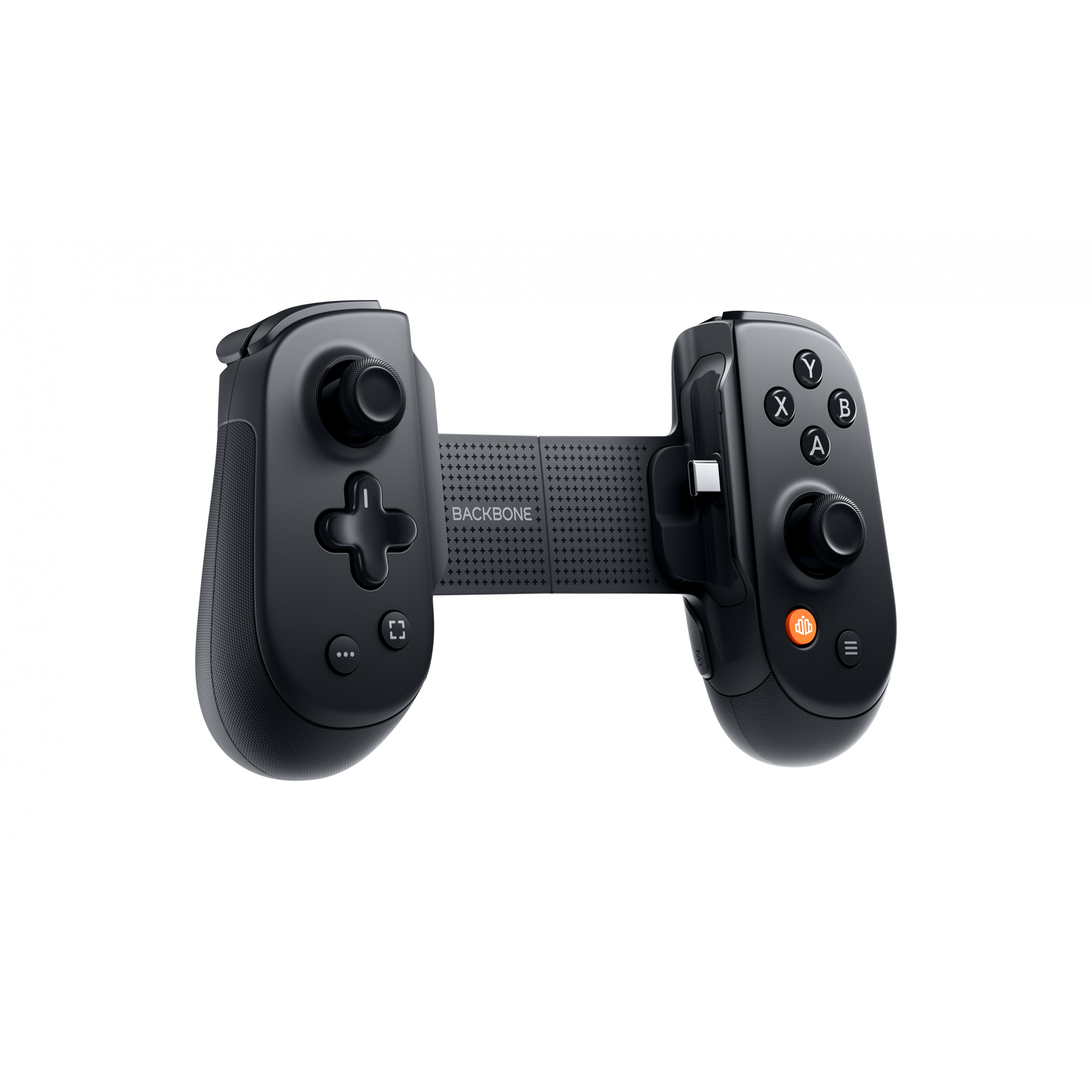 Black Backbone gaming controller. Features include buttons, analog sticks, and a USB-C port. The background is white.
