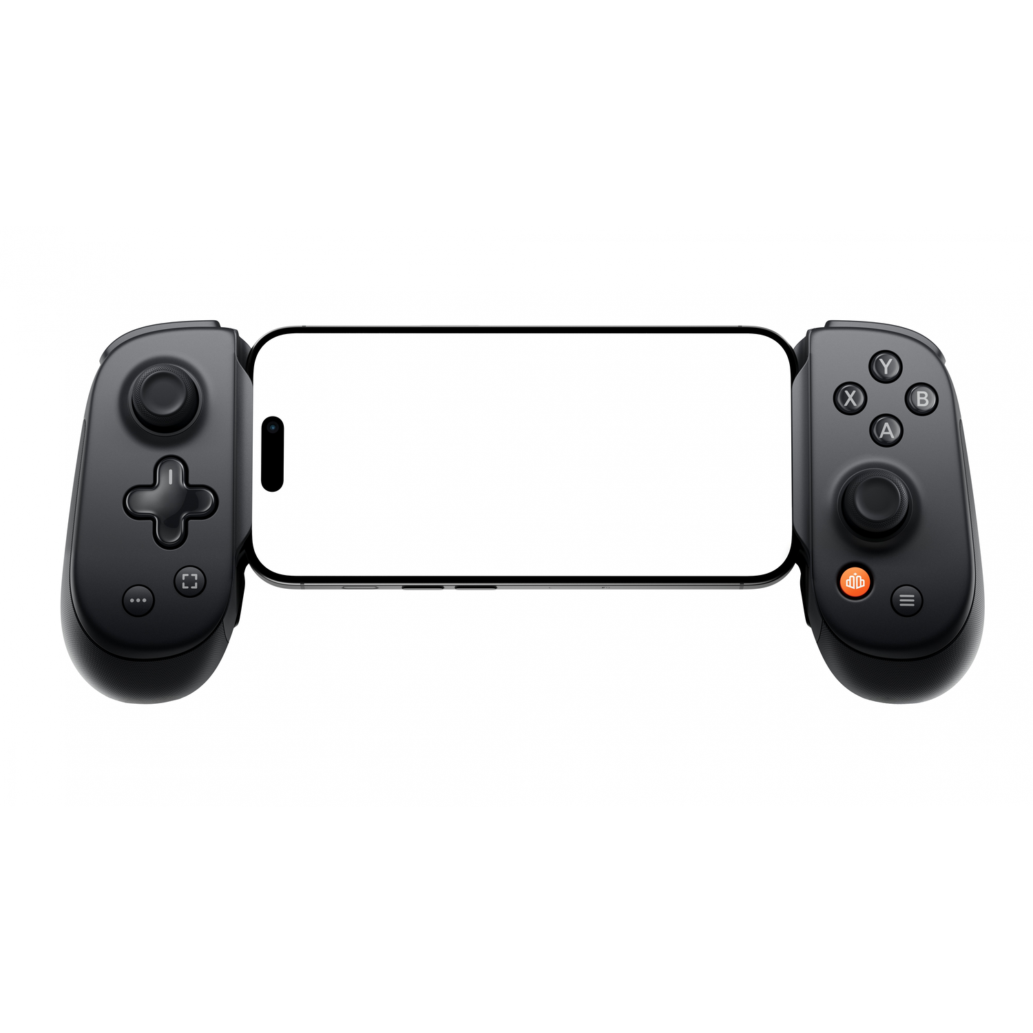 A black game controller with a phone in the middle, against a white background. The phone screen is white.