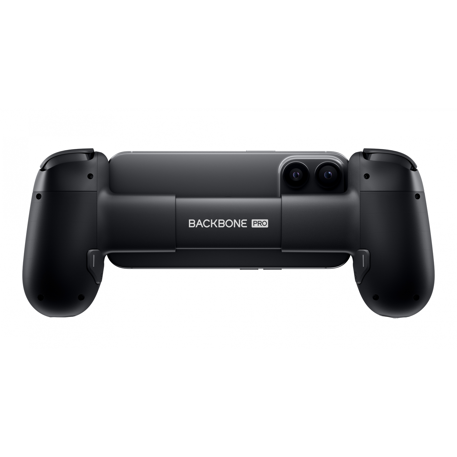 Black Backbone Pro mobile gaming controller. It has two handles and a central part to hold the phone, and the white background.
