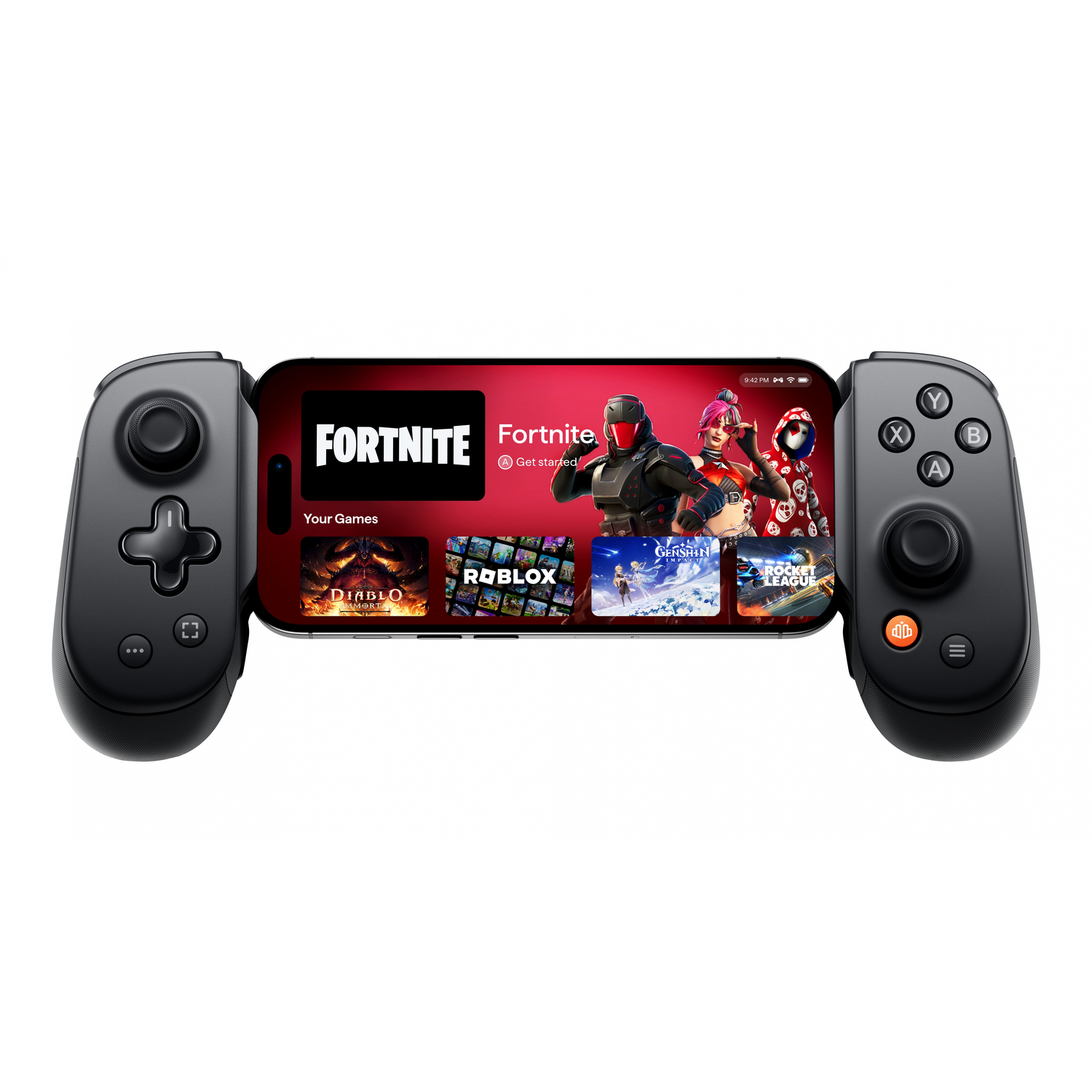 A phone with the game Fortnite is connected to a black controller. The screen displays game icons. The background is white.