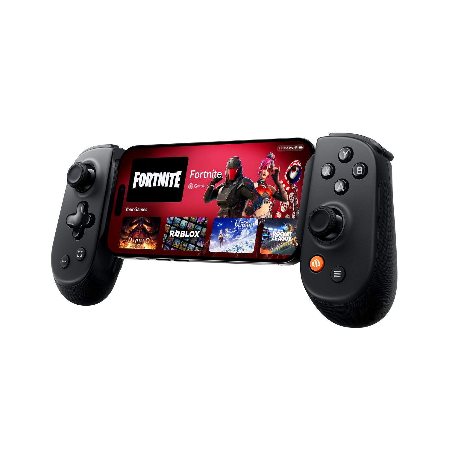 A black mobile gaming controller holding a smartphone displaying the Fortnite game interface, with game icons on red background.