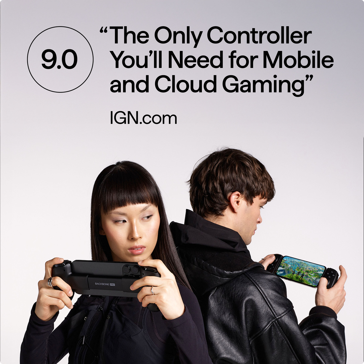 Two people holding gaming controllers. Text reads: "The Only Controller You'll Need for Mobile and Cloud Gaming".