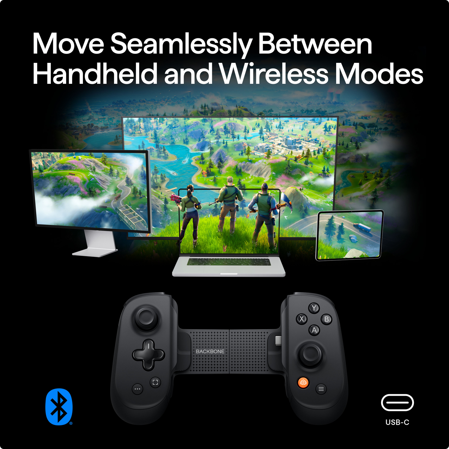 Black Backbone controller with screens showing game play. Displays include a monitor, laptop, and tablet. Text reads: Move Seamlessly.