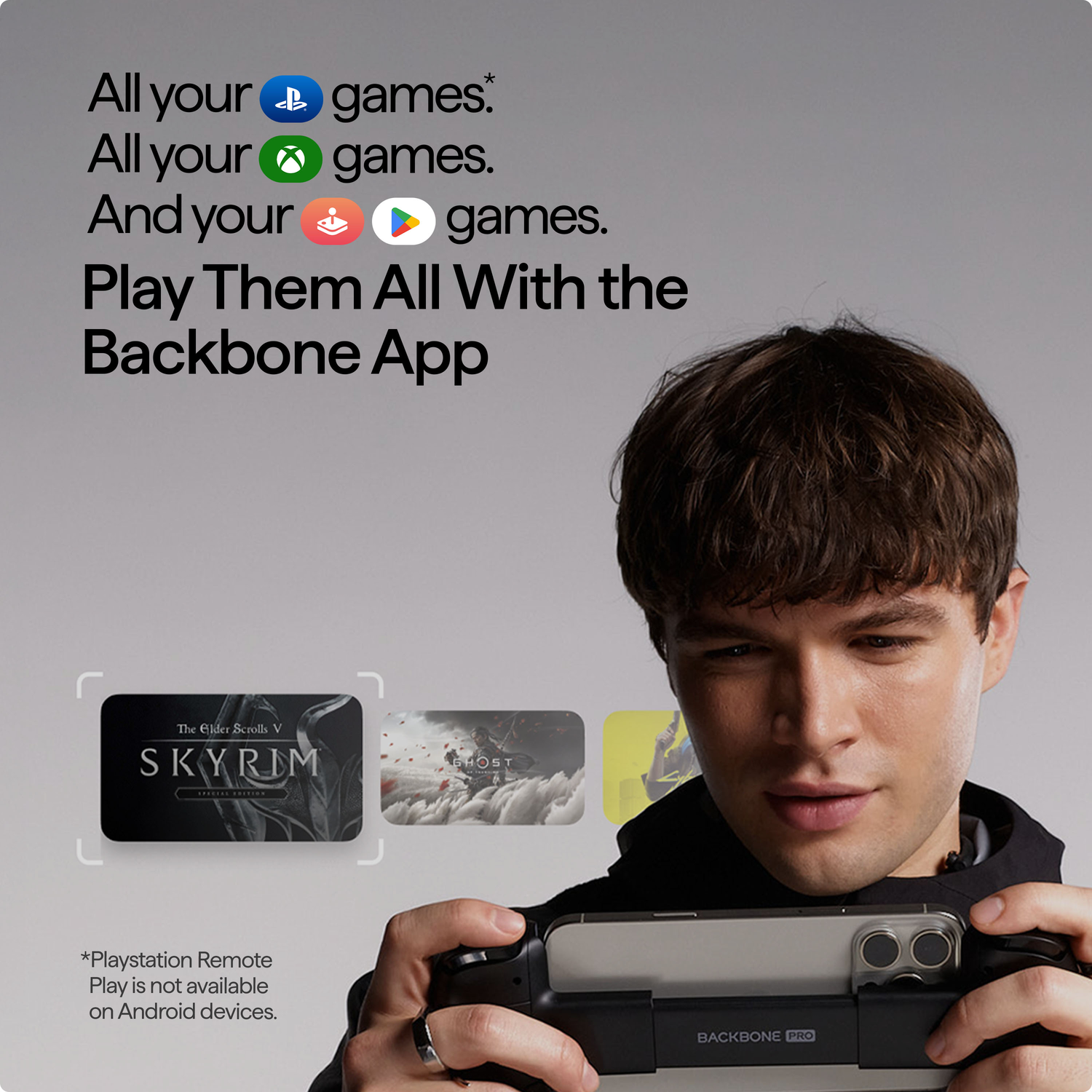 A man holds a Backbone Pro controller. Text says 'All your games,' with logos. Game covers are displayed. The text also mentions Playstation Remote Play.