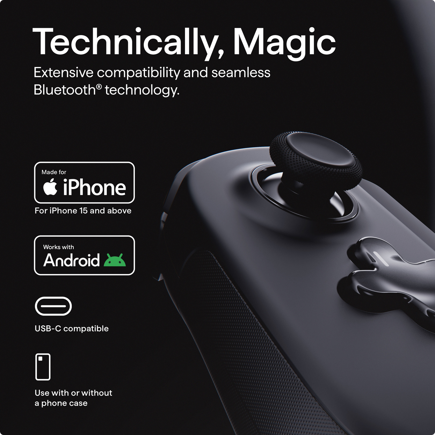 Black game controller with text about compatibility with iPhone and Android, and USB-C. Background is black.