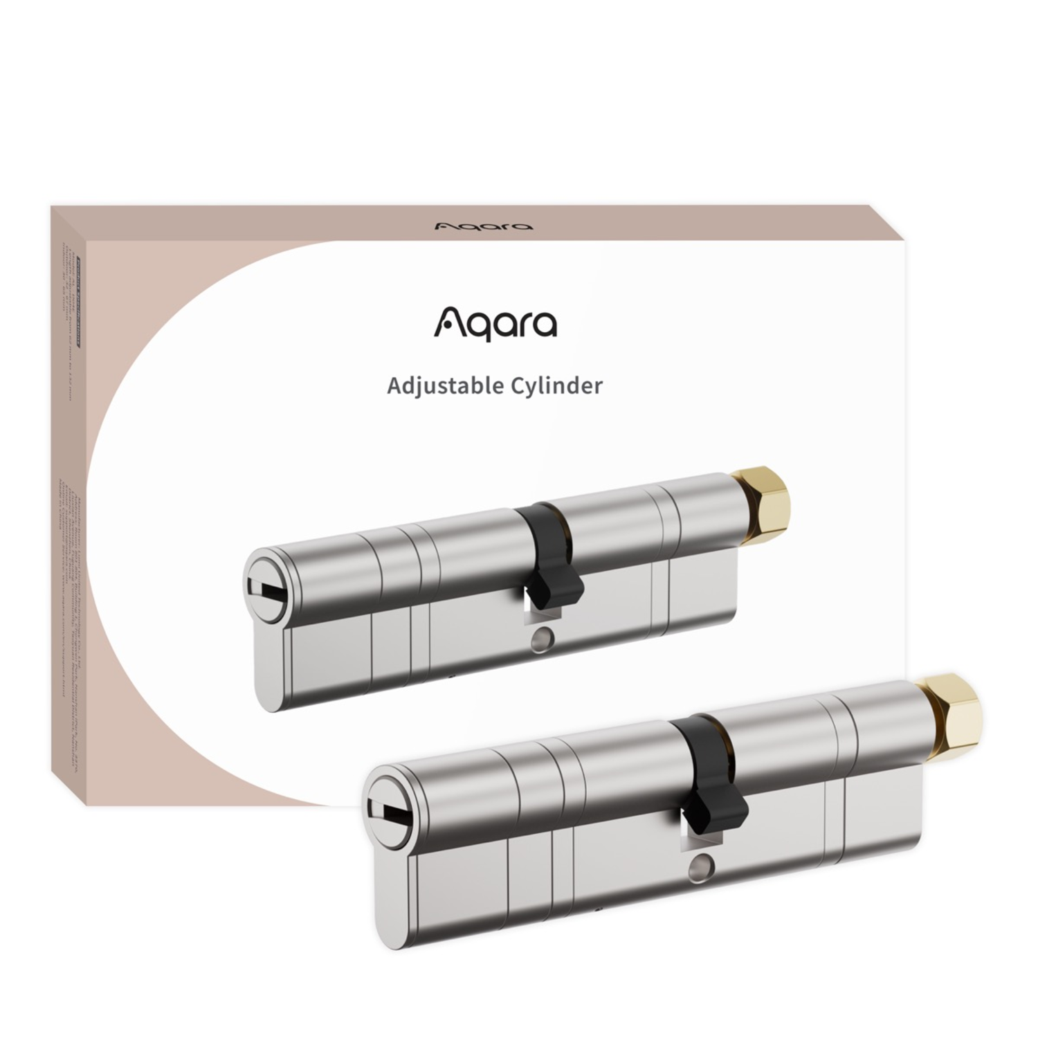 Two silver Aqara adjustable cylinder locks with black rings on a white background. The box is beige with the Aqara logo.