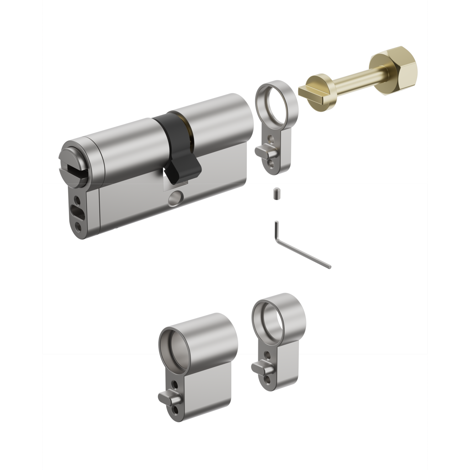 An exploded view of a silver cylinder lock with brass components and an Allen wrench, set against a black background.