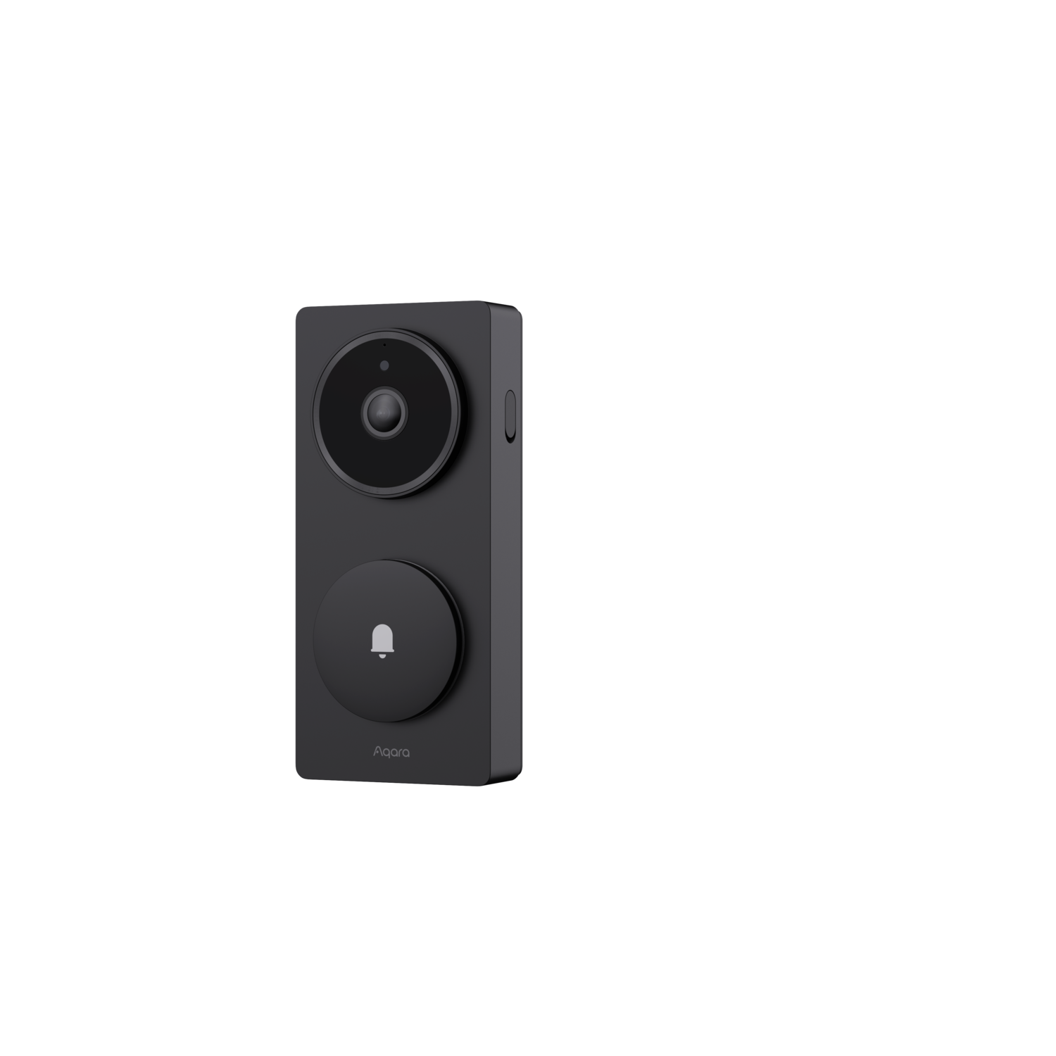 A black Aqara video doorbell with a camera, a bell button, and the Aqara logo against a black background.
